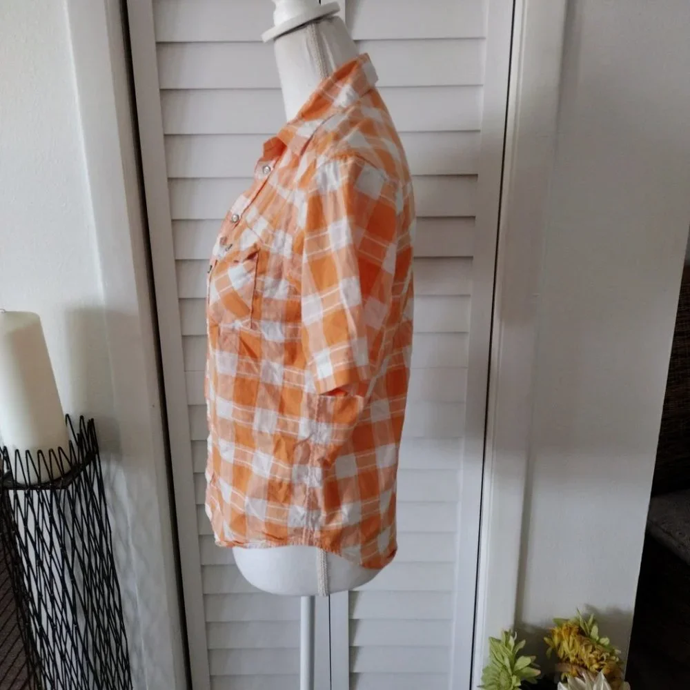 Polo Ralph Lauren Western orange plaid‎ pearl snap button closure short sleeve M